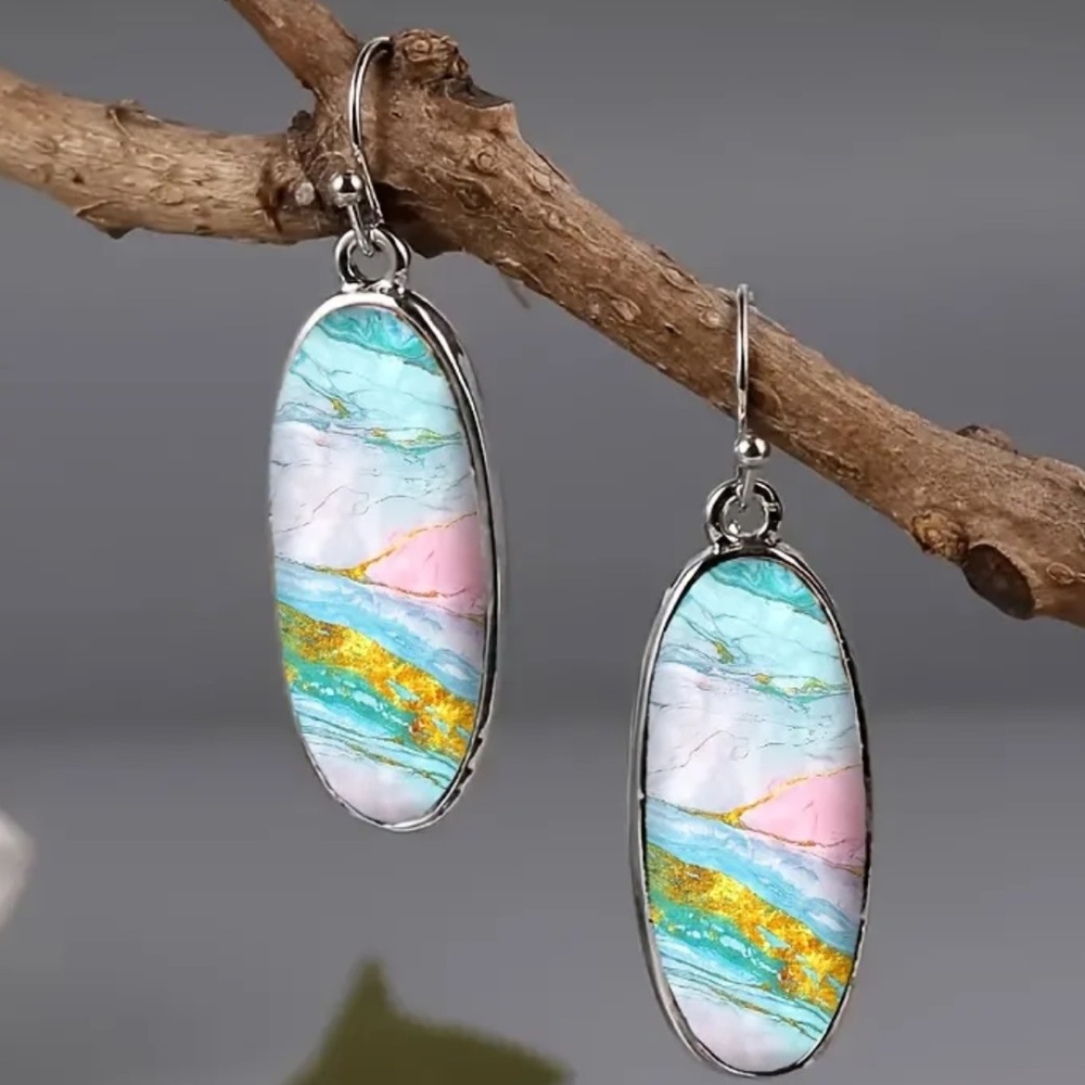 Retro, Bohemian Colorful, Marbled, Silver Tone, Hippie, Lightweight Earrings